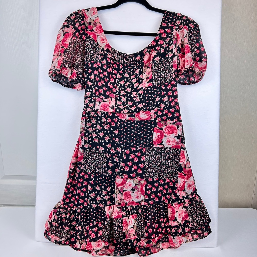 City Vibe Floral Patchwork Mini Dress Pink Red Black Lace Up Back Puff Sleeve 3